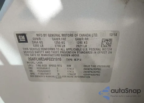 2015 GMC Terrain Sle-2 из США, поврежденный, VIN 2GKFLWE34F6231916